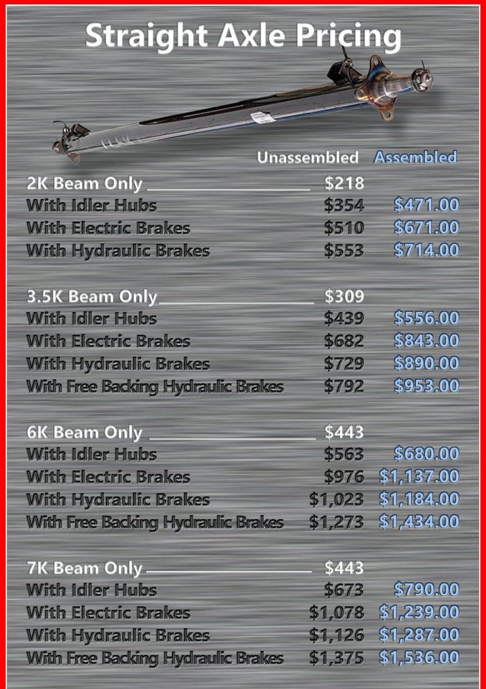 Spring Axle Pricing - 2k Beam, 3.5k Beam, 6k Beam, 7k Beam. Options for each: Idler hubs, electric b…