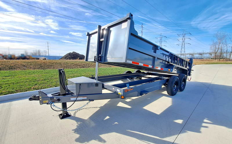 Gunmetal Grey 7x16 dump trailer by Quality Steel for sale in Bedford Ohio at JTI Trailers