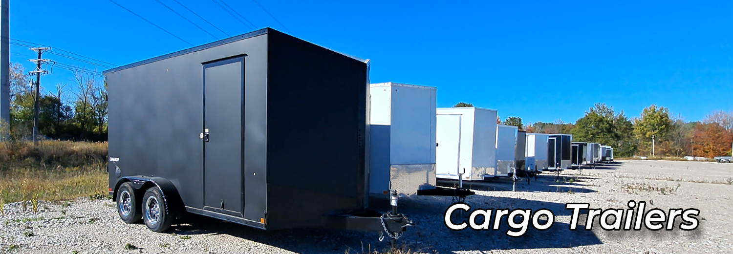 Enclosed Cargo Trailers lined up on the lot at JTI Trailers in Greater Cleveland near Akron & Solon