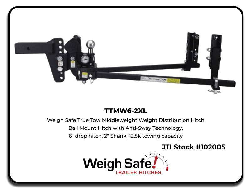 Weigh Safe TTMW6-2XL True Tow Middleweight Weight Distribution Hitch with Anti-Sway Technology 6" dr…