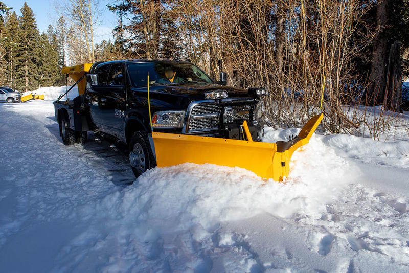 Meyer V-Blade Snowplow mounted on Ram 3500 with Salt Spreader