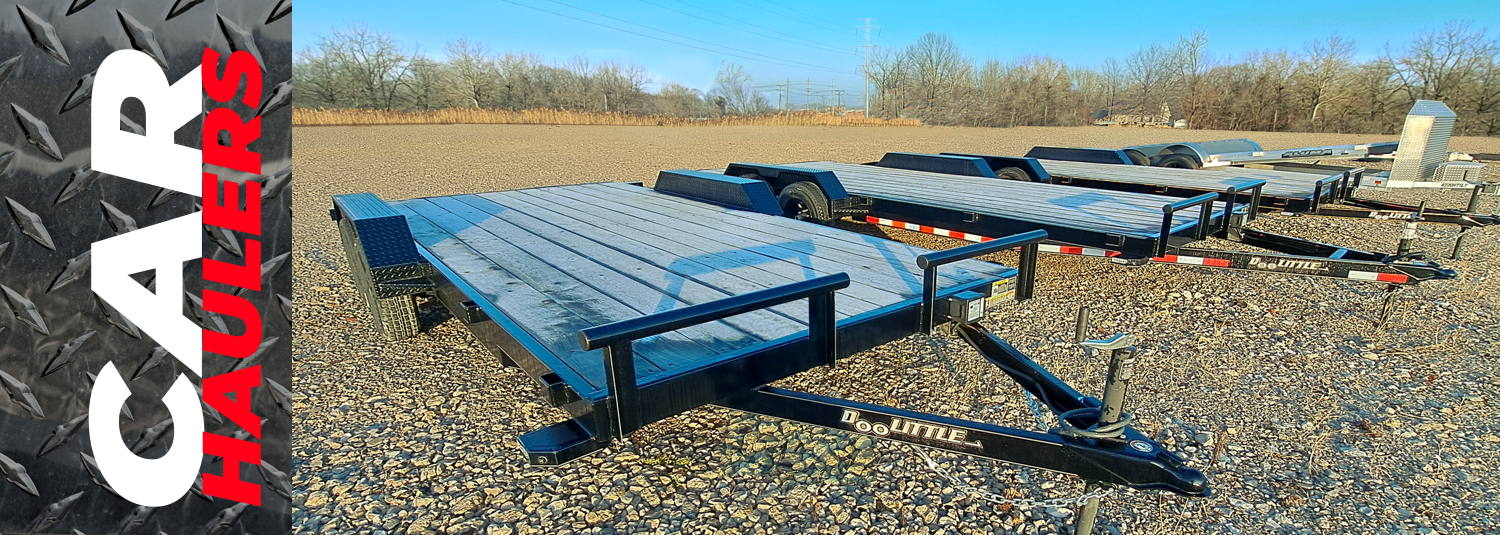 Four Car hauler trailers by Doolittle and Aluma for sale on lot of JTI Trailers in Oakwood Village,…