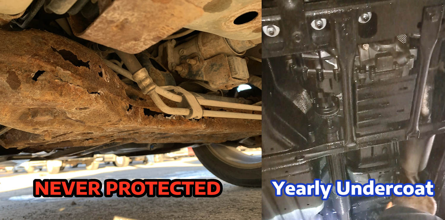 Undercarriage comparison - Never protected (Rusted out frame) vs Protected Every Year (Still looks great years on)